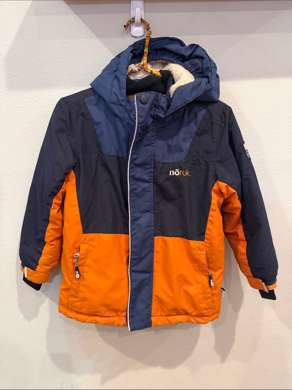 NOR Colorblock Puffer Jacket in Navy and Orange. Zipper works great. Used